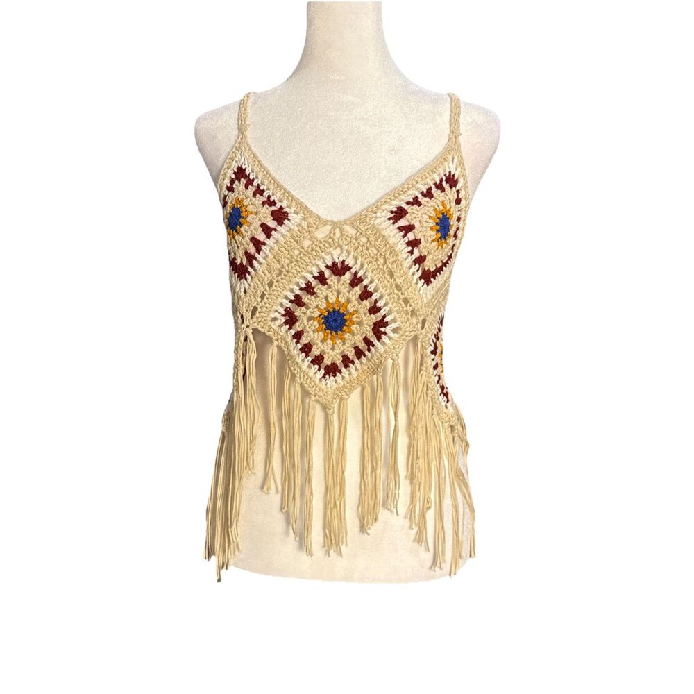No Comment SM Cream Crochet Camisole Tank Top Fringe Festival EthnicWestern Boho